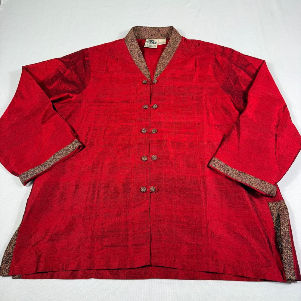 Vintage Dzi Tibet Silk Jacket M/L Red Artisan Brocade Trim Frog Closure Asian